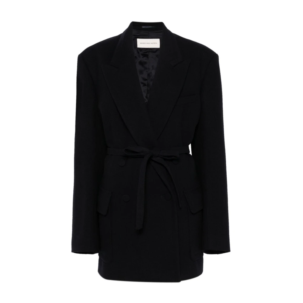 Dries Van Noten Geborduurde Wollen Jas Marineblauw Blue Dames