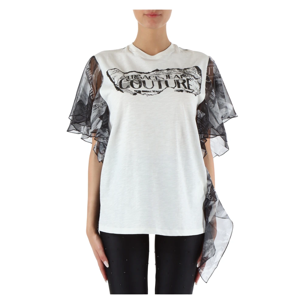 Versace Jeans Couture Vlam Katoenen T-shirt met Chiffon Logo Print White Dames