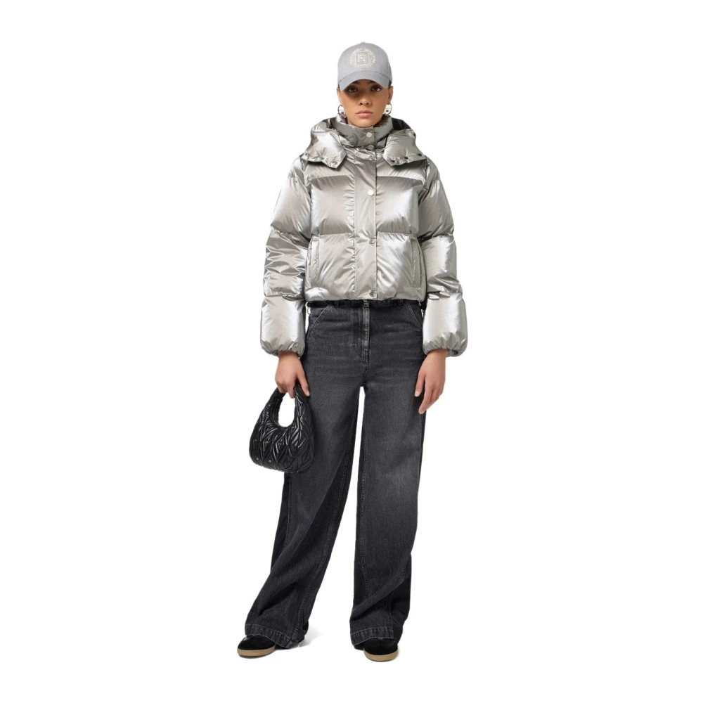 Elisabetta Franchi Metallic korte gewatteerde jas met capuchon Gray Dames