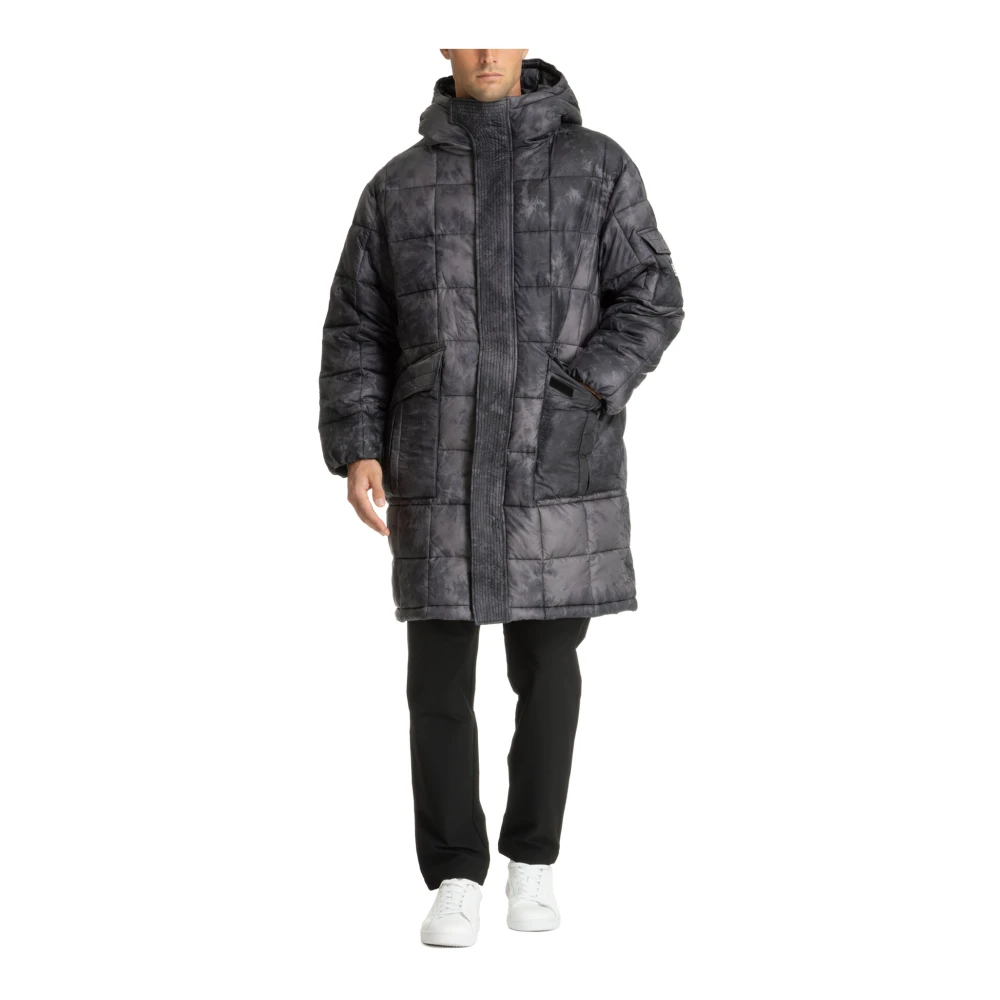 Emporio Armani EA7 Abstracte gewatteerde jas met capuchon en klittenband- en ritssluiting Black Heren