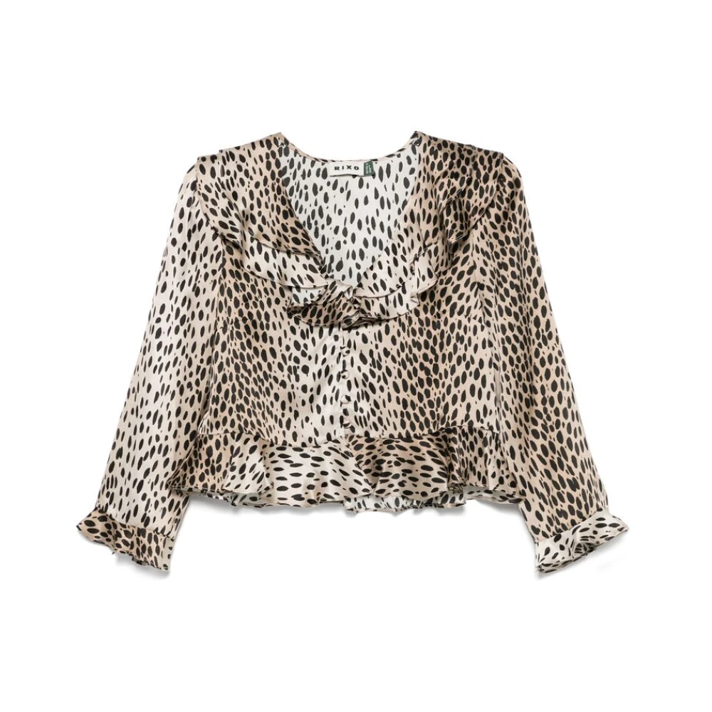 Rixo Animalier Bruin Ruche Kraag Blouse Brown Dames