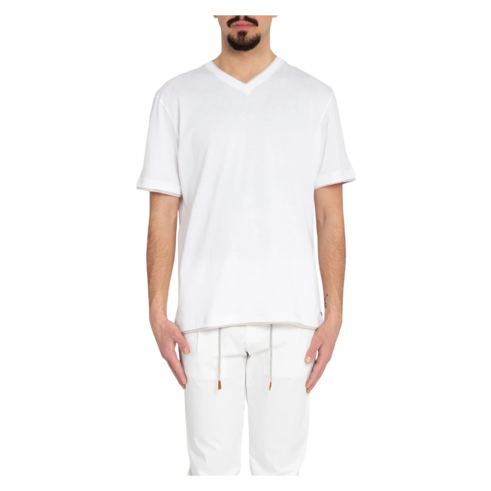 Eleventy Piping V-Neck Tee in Bianco White Heren