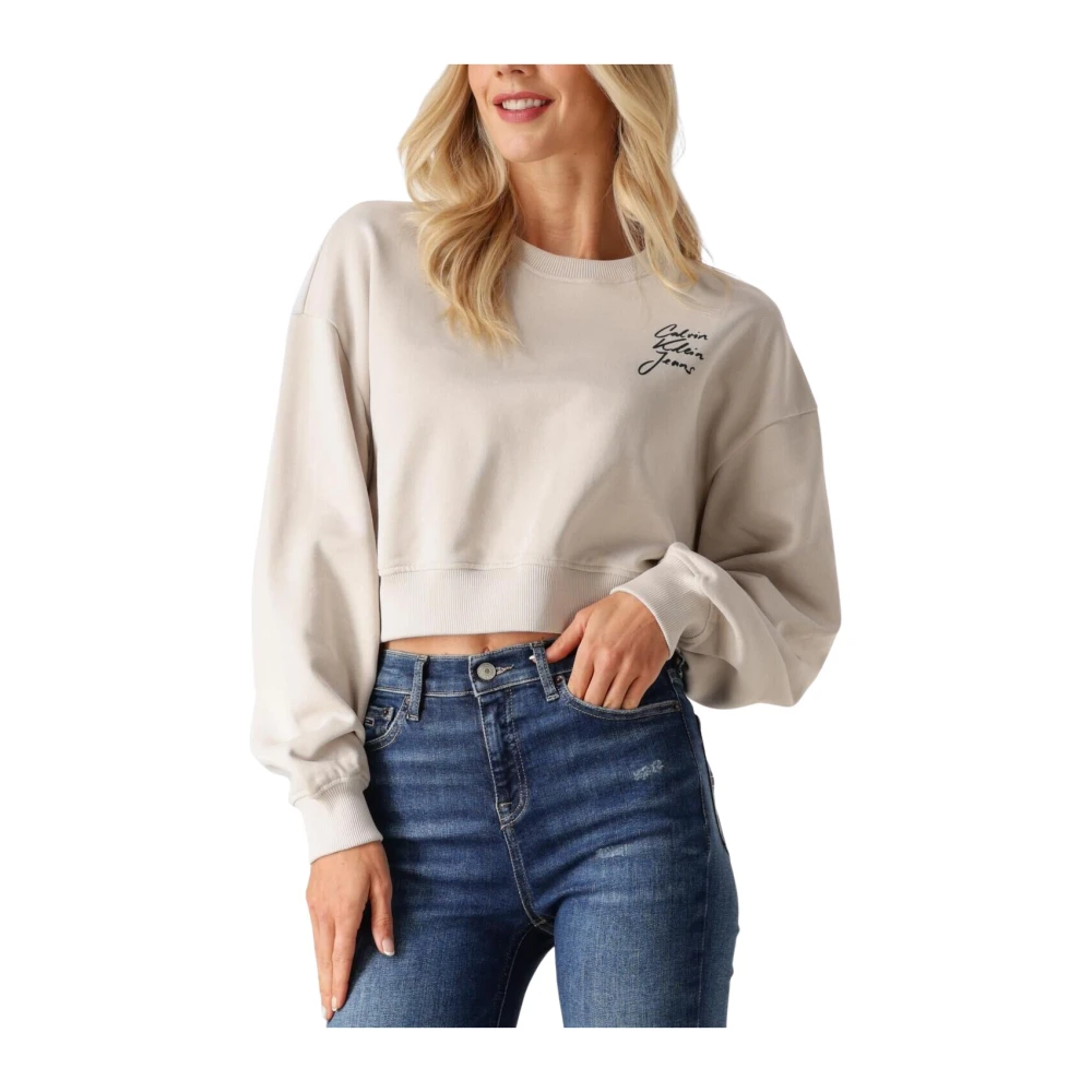 Calvin Klein Women's Beige Sweatshirts, Xs, Script Institutional Crewneck Jumper