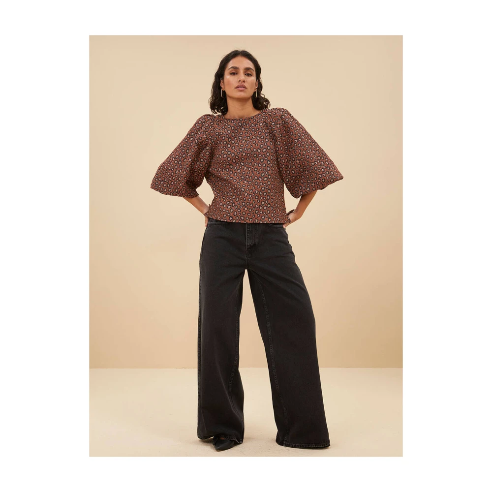 By-Bar Jacquard Blouse Lange Mouw Brown Dames
