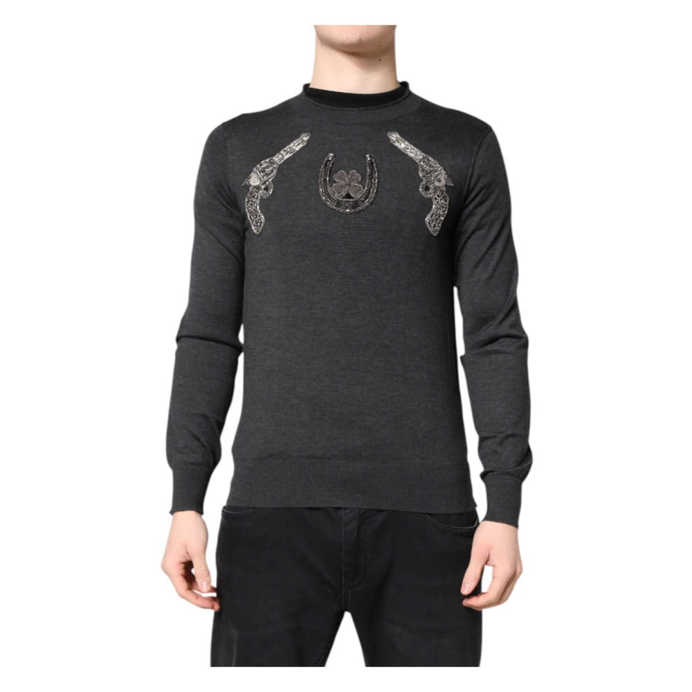Dolce & Gabbana Men's Gray Round-Neck Knitwear, Xs, Embroidery Knit Pullover Jumper