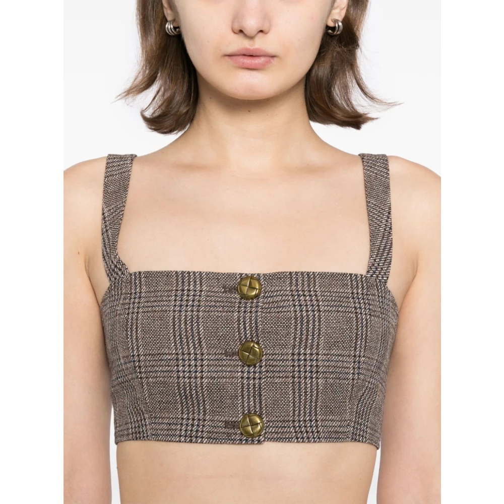 Self Portrait Bruine Blouse met Gouden Knopen en Geruit Patroon Brown Dames