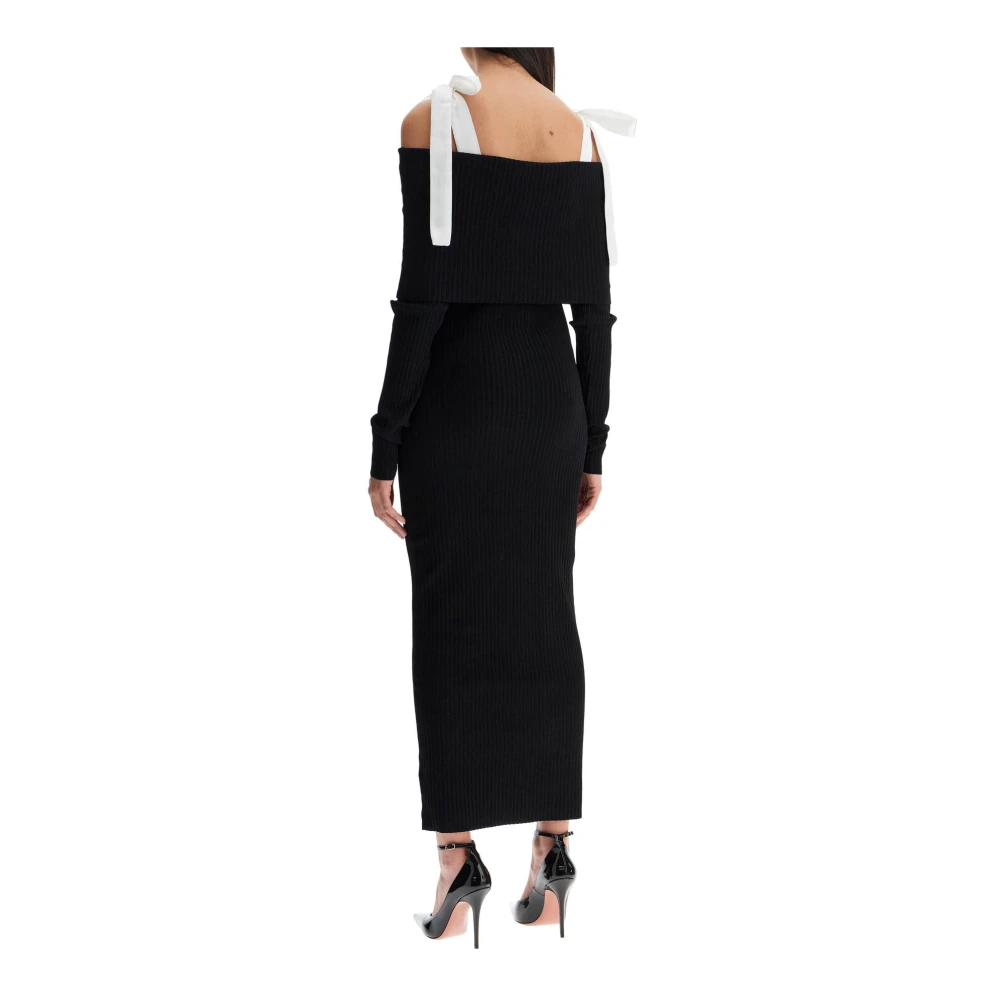 Rotate Birger Christensen Geribbelde off-shoulder maxi jurk Black Dames