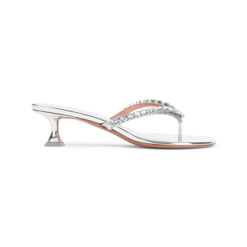 Amina Muaddi Women's Gray Heeled Mules,, Metallic Sandals For Aw25 Size 4