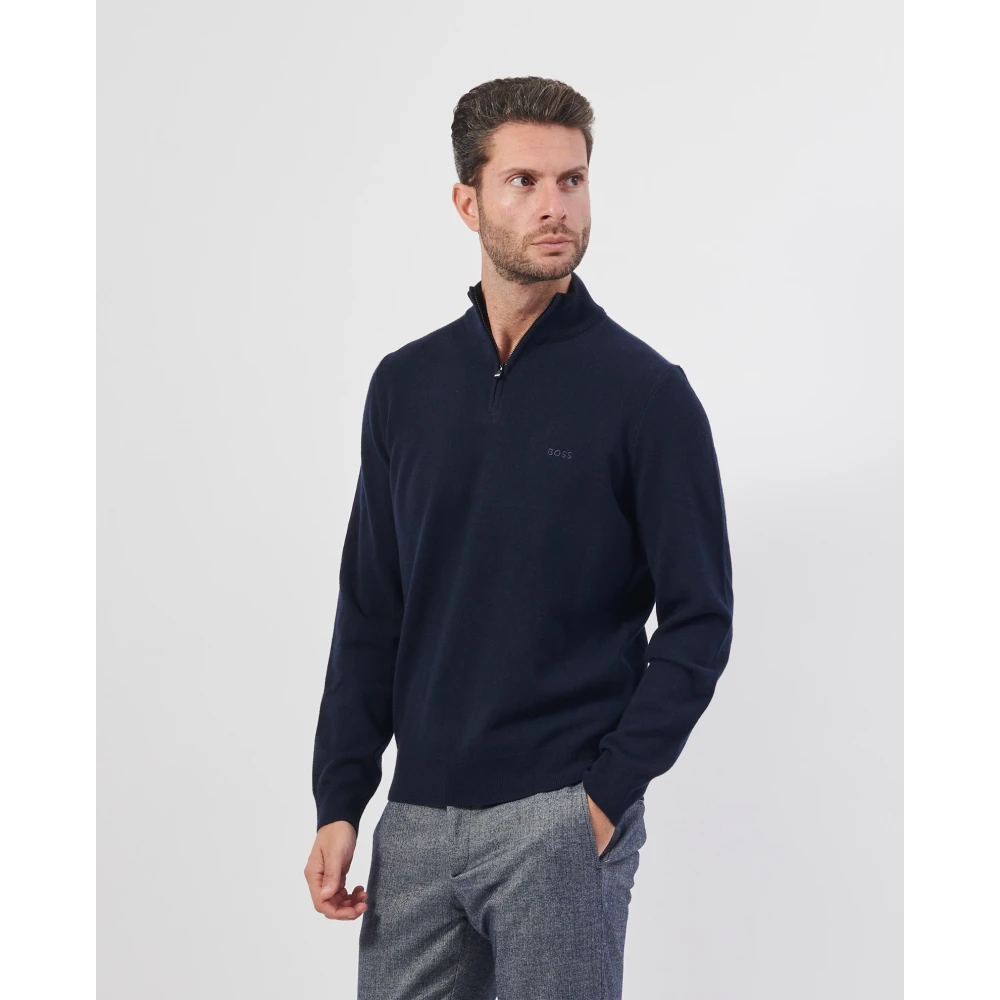Hugo Boss Blauwe Wol Zip Trui Blue Heren