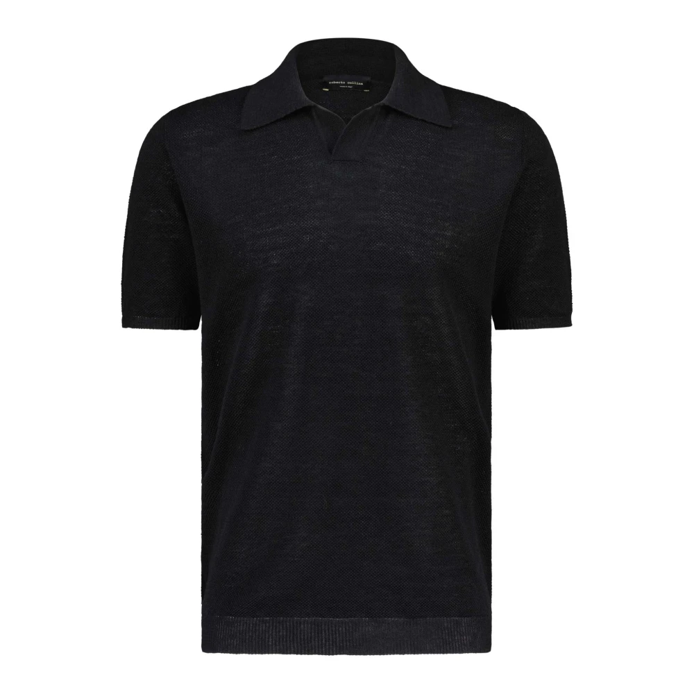 Roberto Collina Linnen Polo Shirt Regular-Fit Made in Italy Black Heren