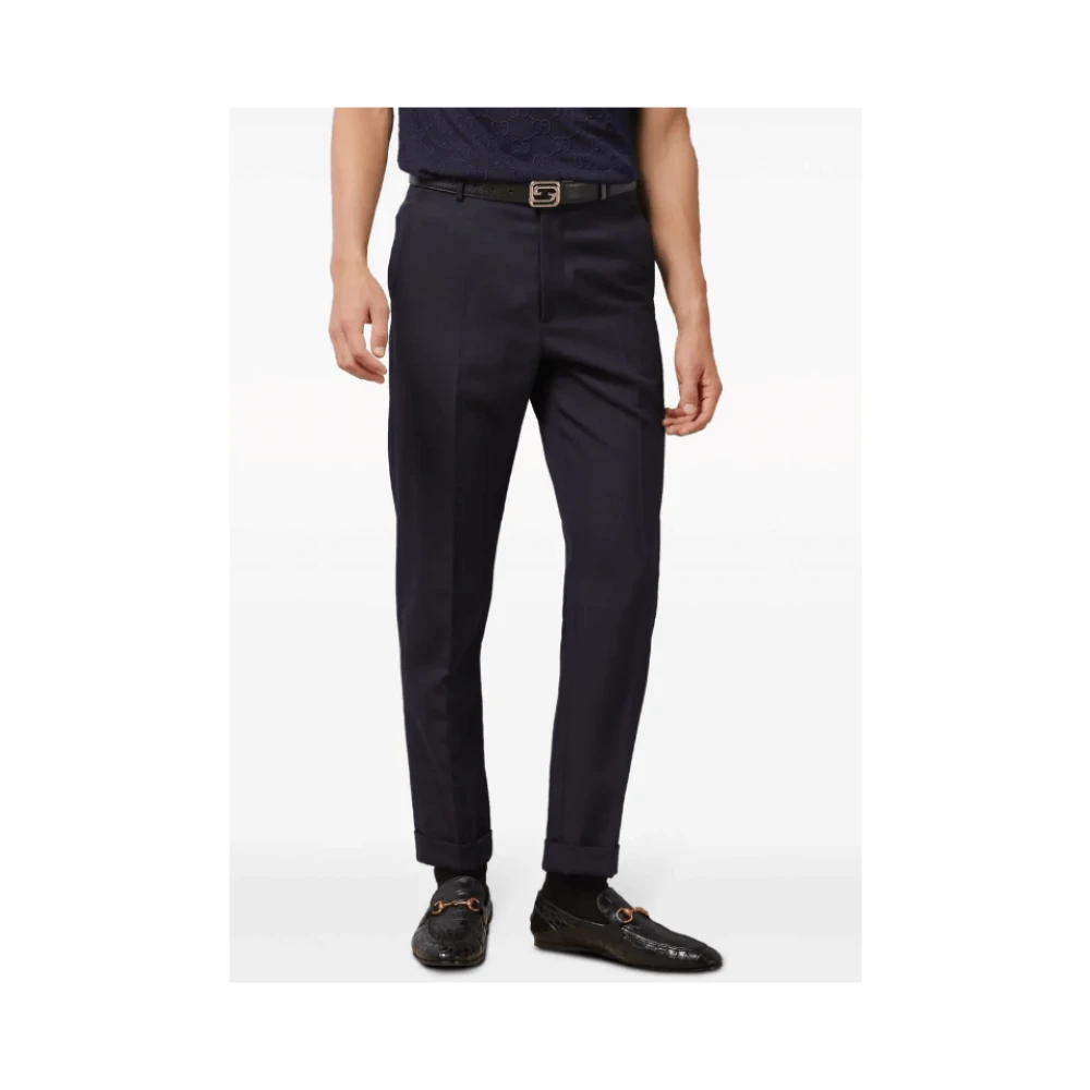 Gucci Navy Blauwe Wol Twill Straight-Leg Broek Blue Heren