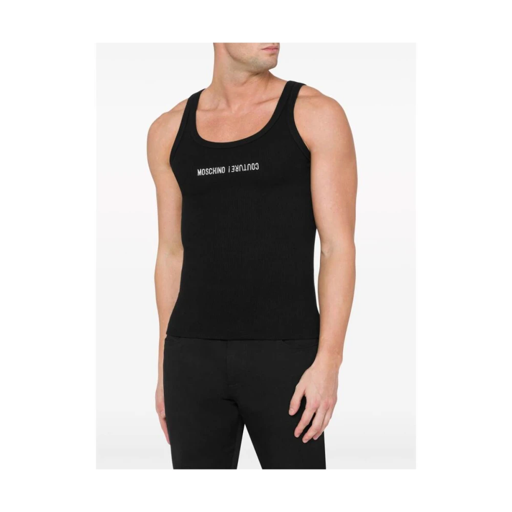 Moschino Zwart Wit Geribbeld Logo Hemd Black Heren