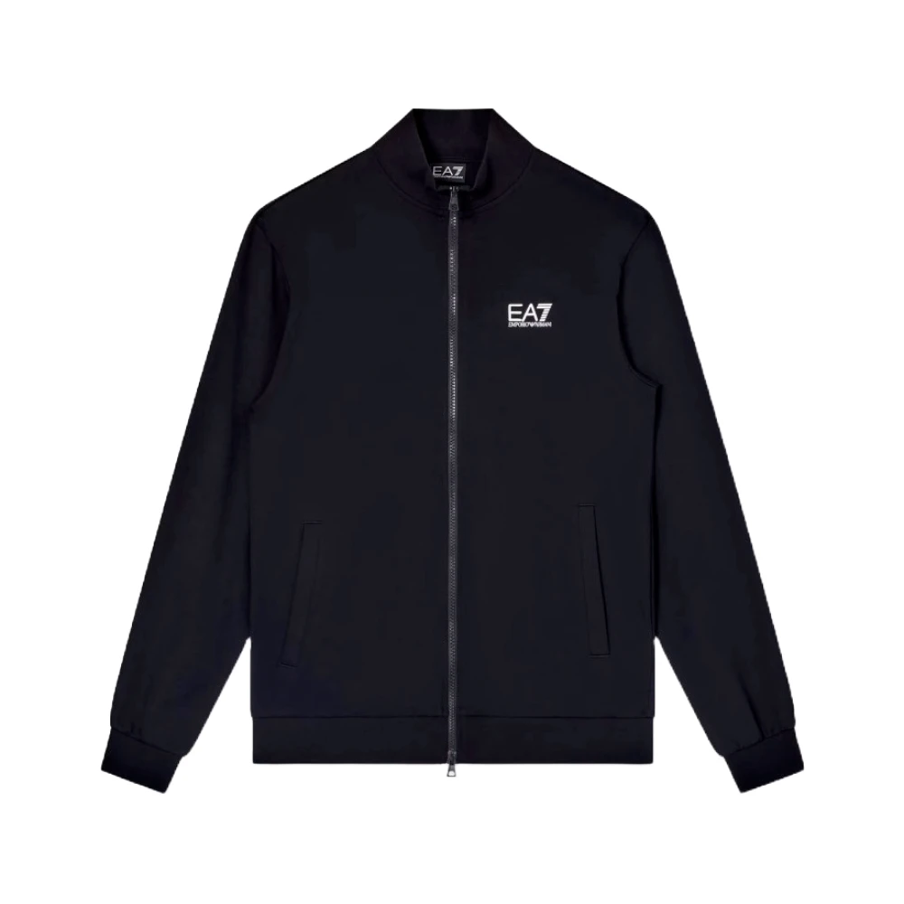 Emporio Armani EA7, Zip-throughs, male, Black, 2XL, Black Cotton Jumper Zipper Collar