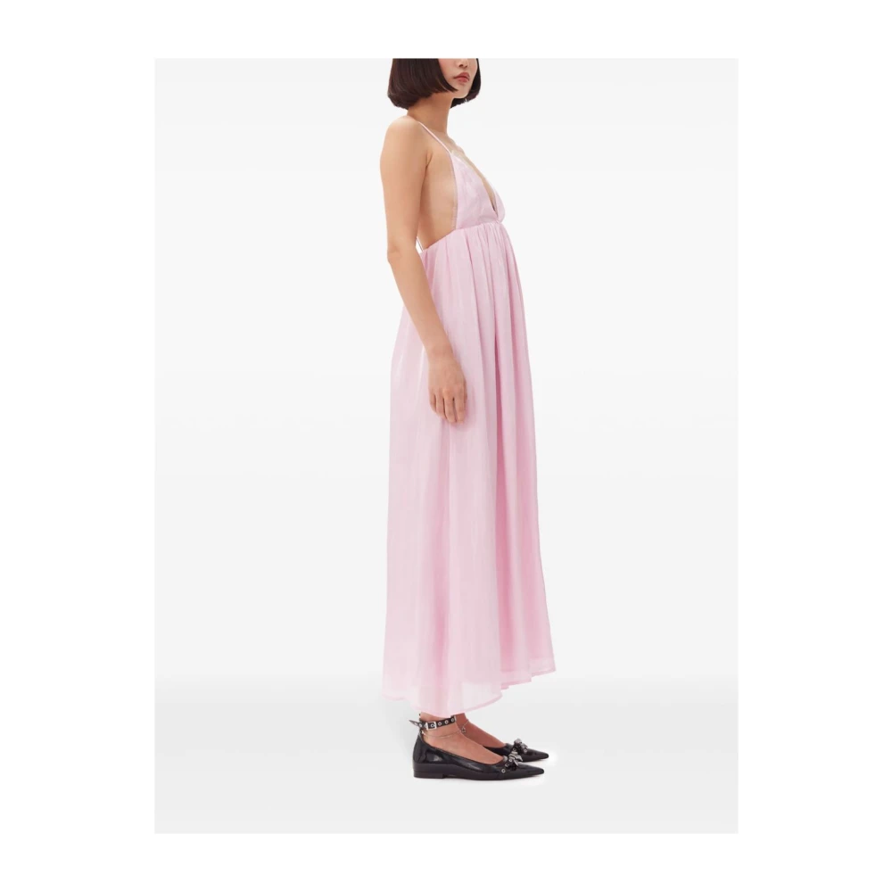 Ganni Roze Gerimpelde Diepe Hals Jurk Pink Dames