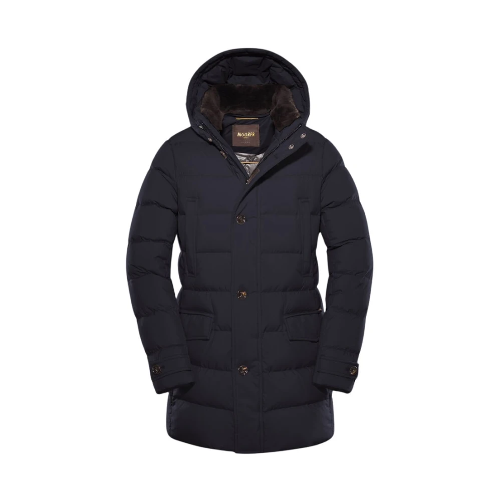 Moorer Men's Blue Quilted Goose Feather Jacket With Detachable Fur Trim - Down Jackets - 3XL - Jackets