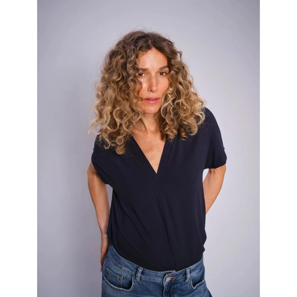 MOS MOSH Navy V-hals T-shirt met Plooien Blue Dames