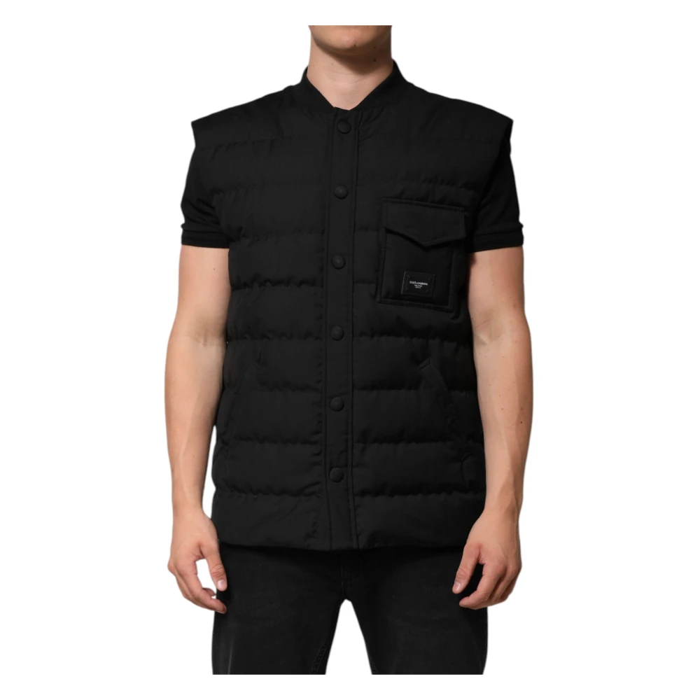 Dolce & Gabbana Men's Black Waistcoats, M, Sleeveless Parka Logo Plaque Jacket