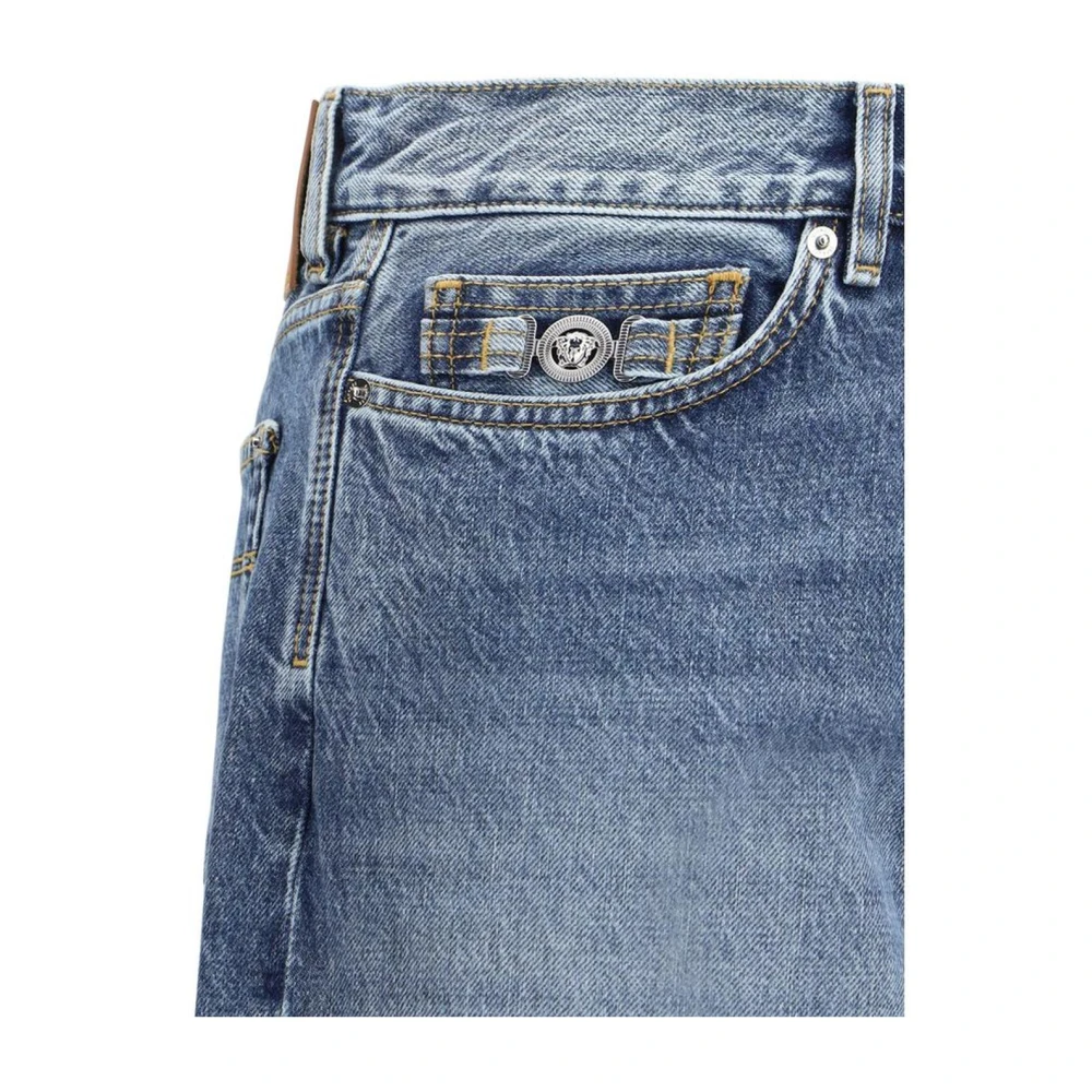 Versace Gestreepte hoge taille jeans met Barocco revers Blue Heren