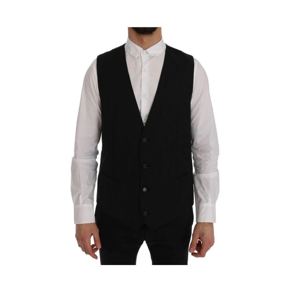 Dolce & Gabbana Men's Black Waistcoats, Xl, Striped Wool Vest With Button Closure