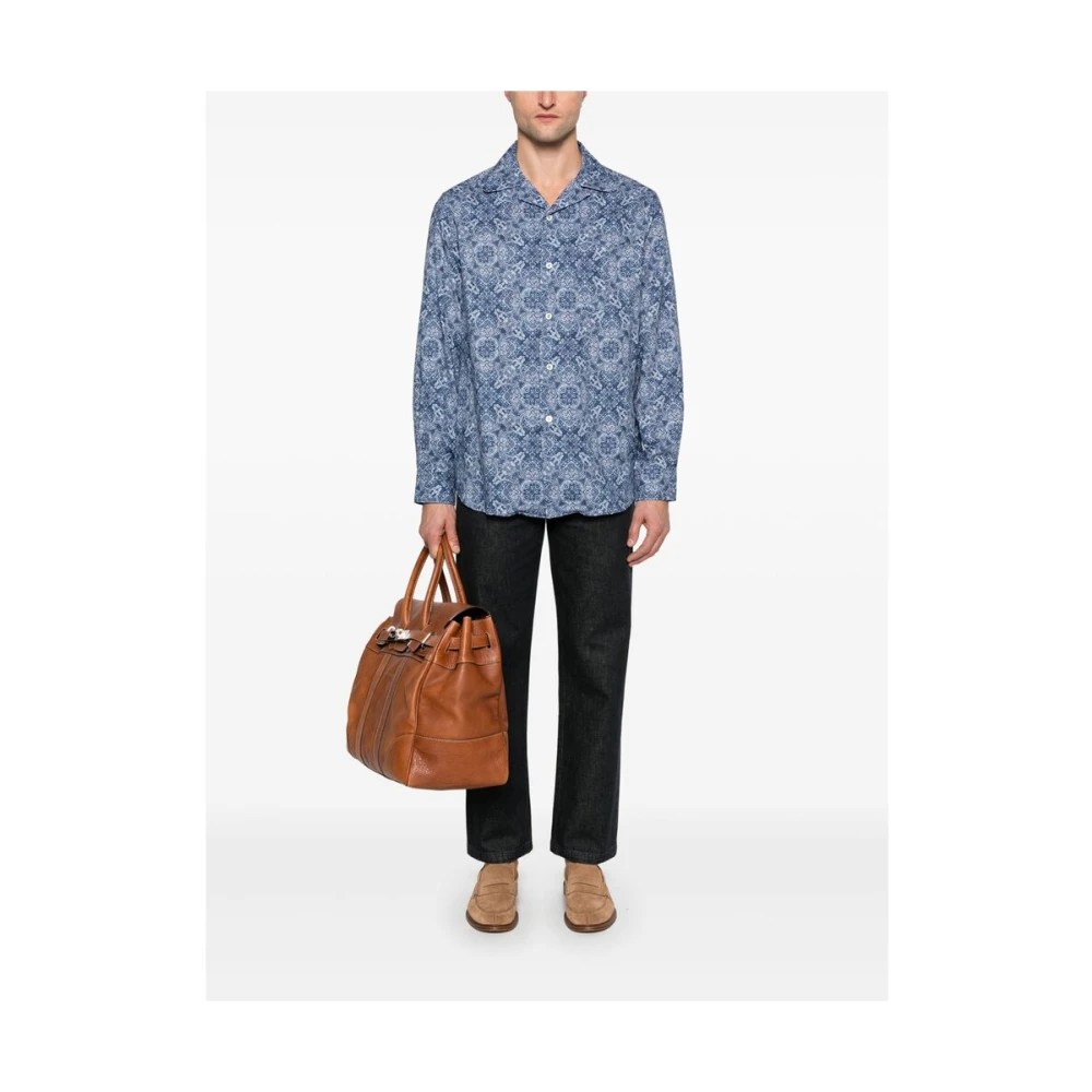 BRUNELLO CUCINELLI Blauwe Cerulean Shirt Knoop Lange Mouwen Blue Heren