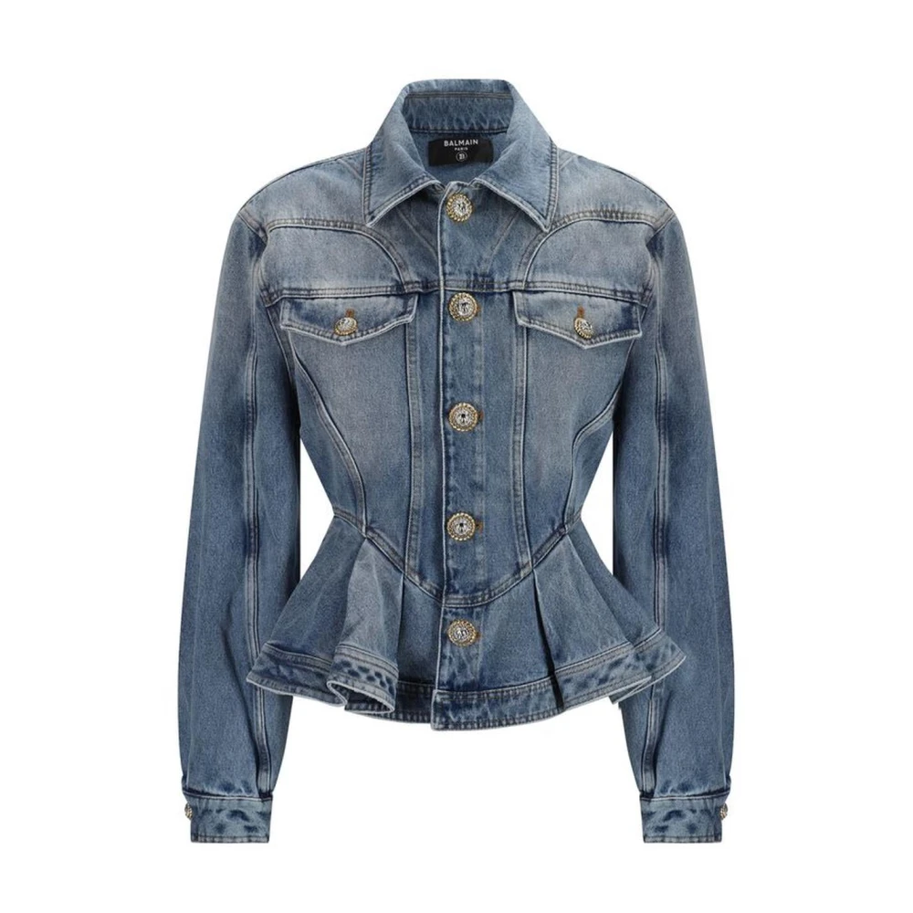 Balmain Ruffle Hem Denim Jacket Classic Collar Blue Dames