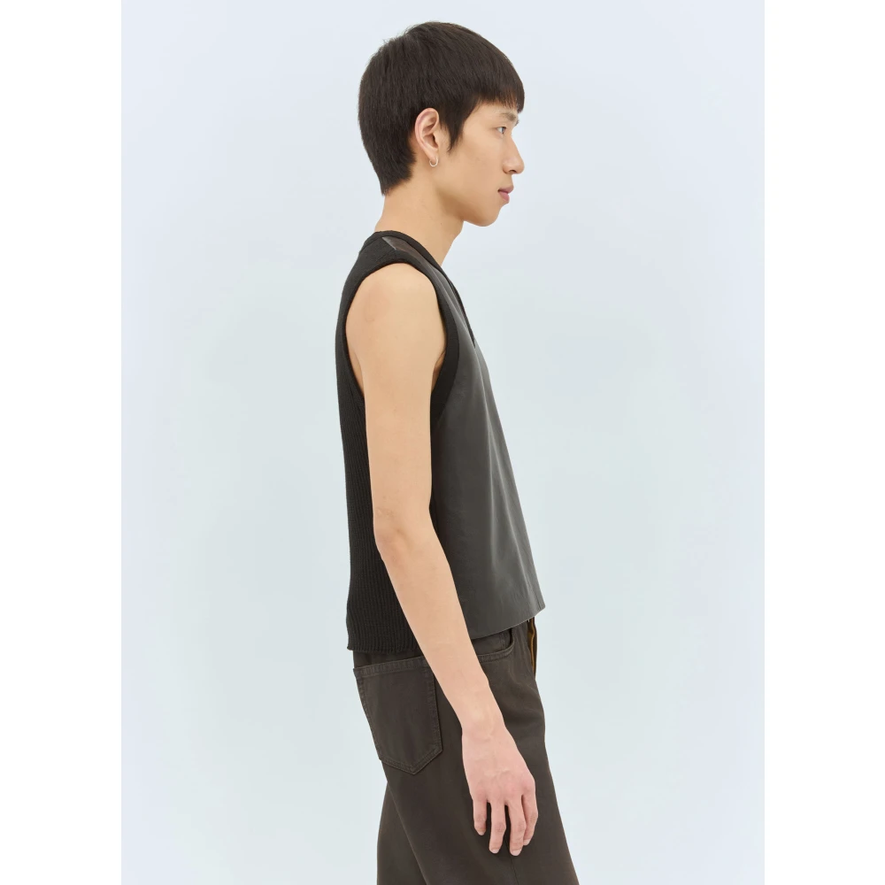 Dries Van Noten V-hals Leren Gebreid Vest Rits Black Heren