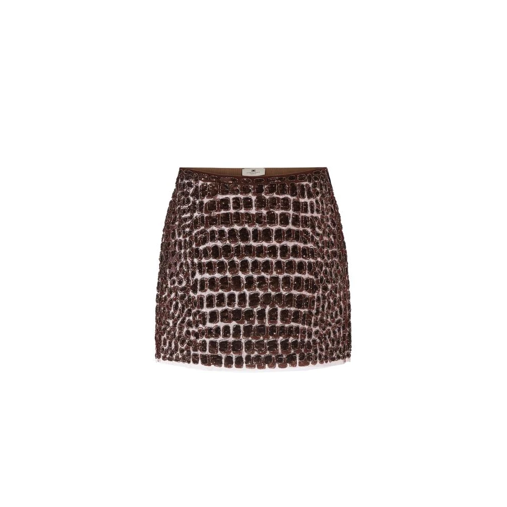 Elisabetta Franchi Women's Brown Tulle Skirt With Crocodile Embroidery - Short Skirts - S - Skirts