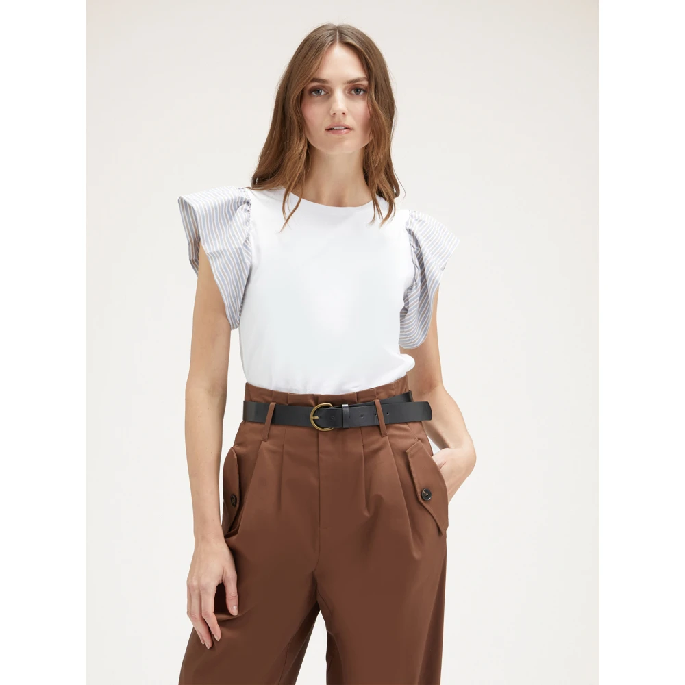 Motivi Gestreept T-shirt met Ruches Mouwen White Dames