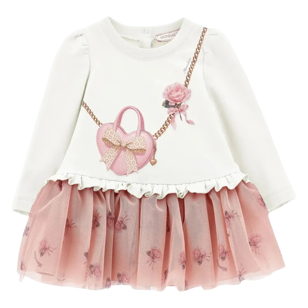 Monnalisa , Dresses, Female, Multicolor, 3 Y | 98 Cm, Heart Bag And Rose Print Dress