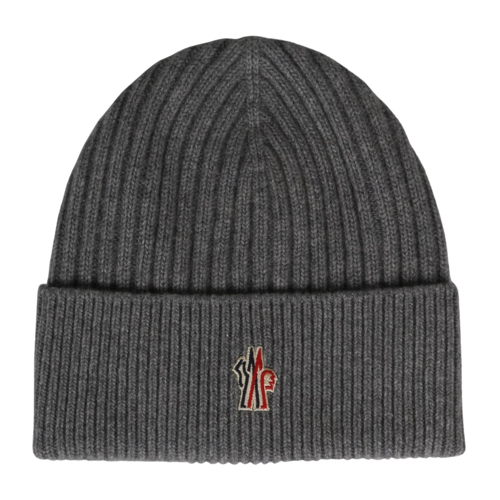 Moncler Geribbelde wollen beanie met logo patch Gray Heren