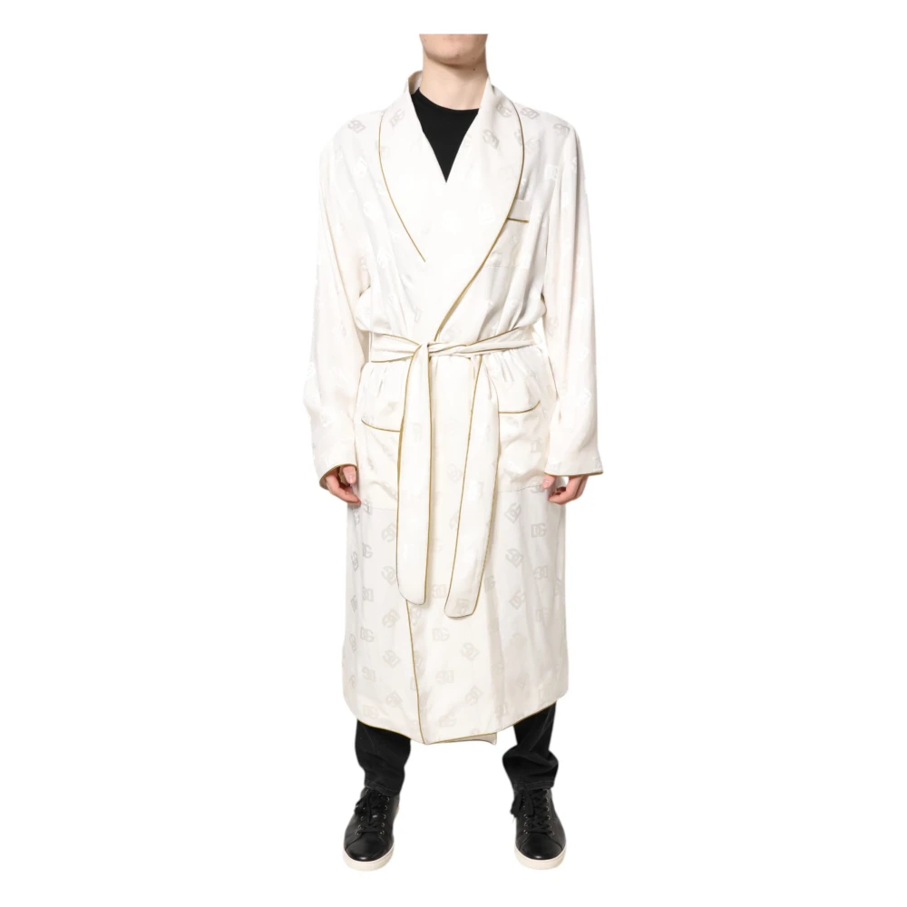 Dolce & Gabbana Men's White Robes, Xl, Silk Logo Wrap Robe Jacket