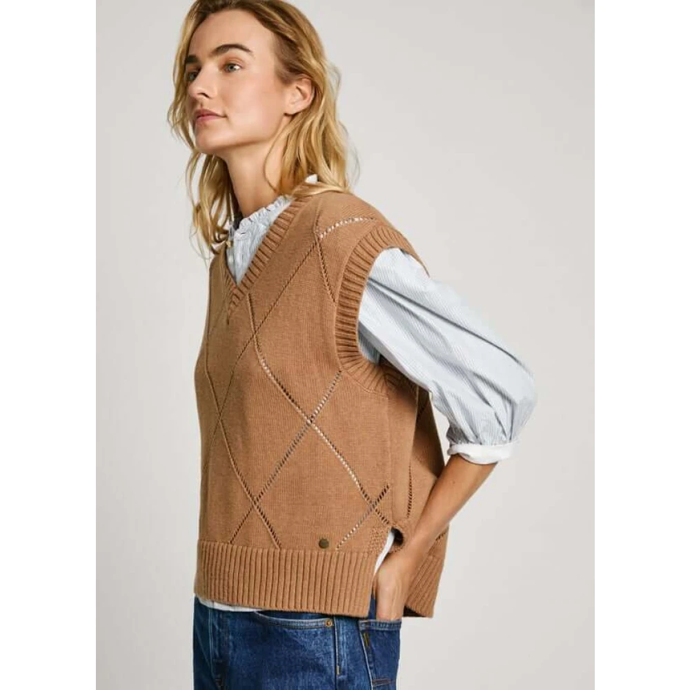 Pepe Jeans Gebreid Vest Boxy Fit V-Hals Brown Dames