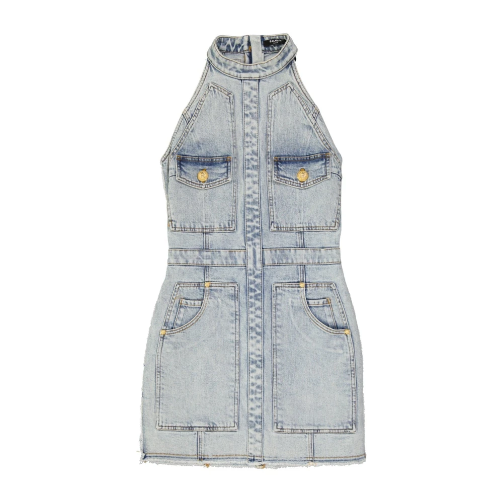 Balmain Denim Mini Klänning med Påsydda Fickor Blue, Dam