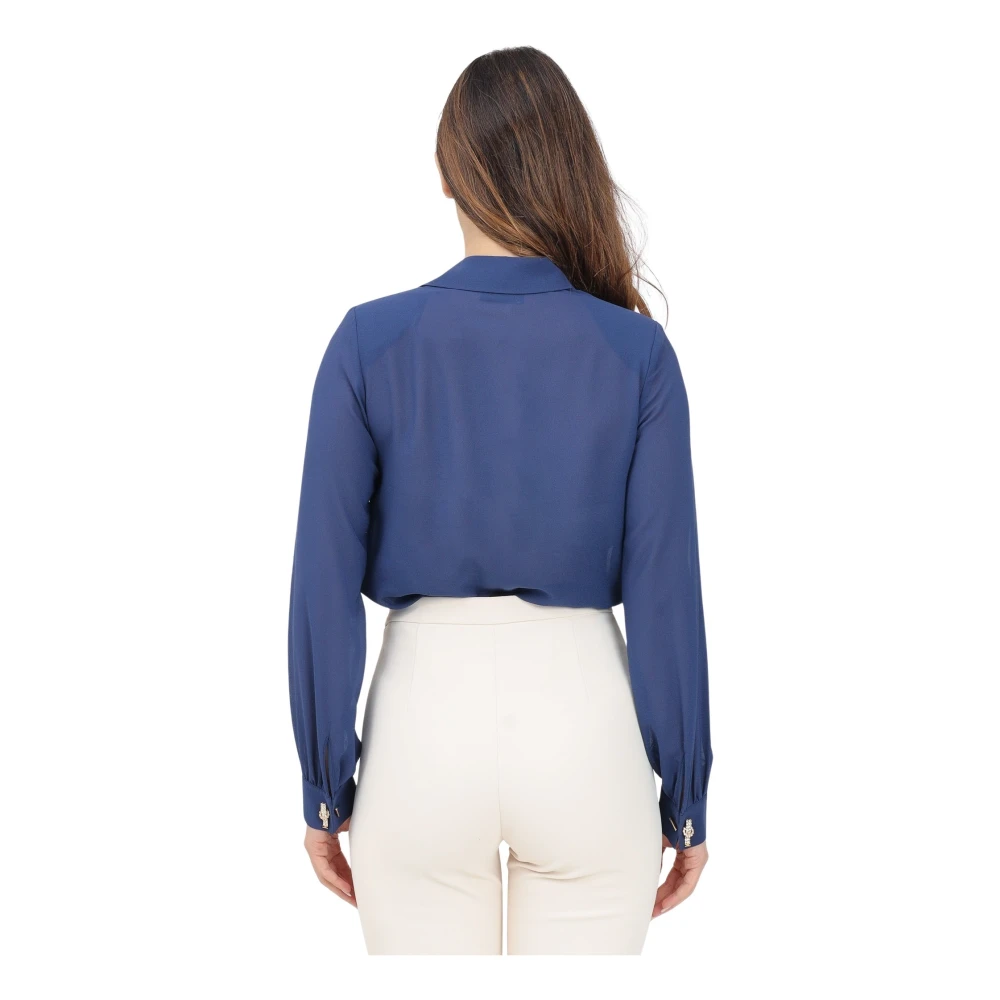Elisabetta Franchi Blauwe Gedrapeerde Georgette Top met Lange Mouwen Blue Dames