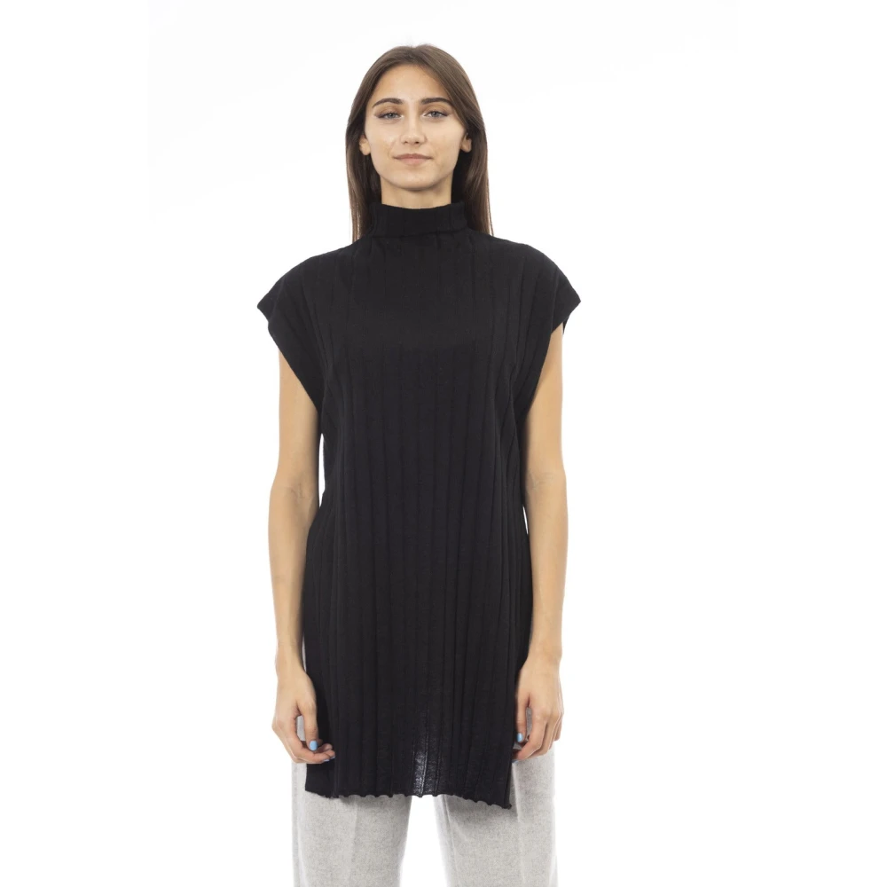 Alpha Studio Hoge hals trui met zijdelingse splitten Black Dames