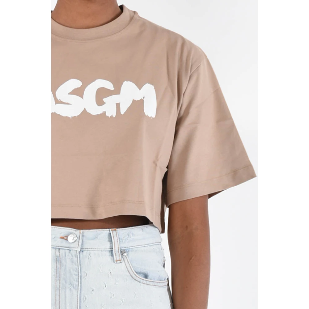 Msgm Cropped T-shirt met Geborsteld Logo Print Beige Dames