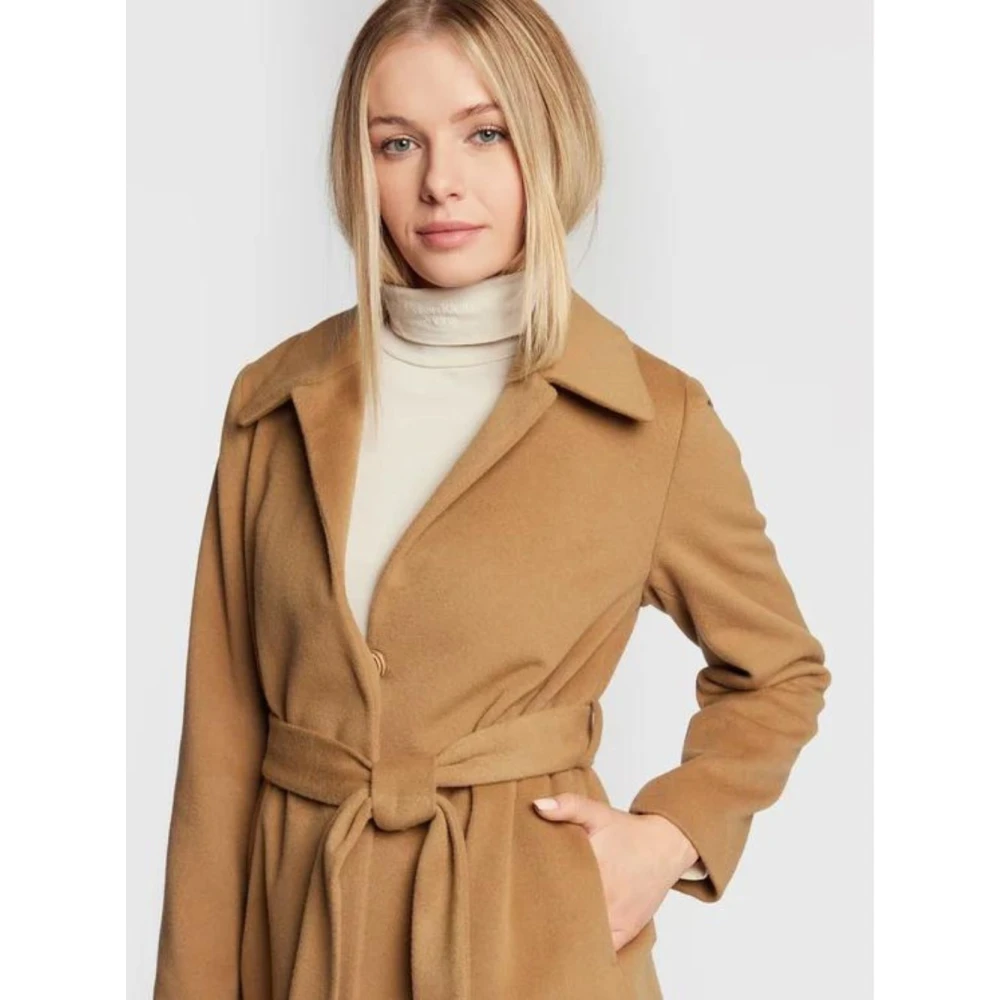 Calvin Klein Wollen Jas met Riem in Reguliere Pasvorm Brown Dames