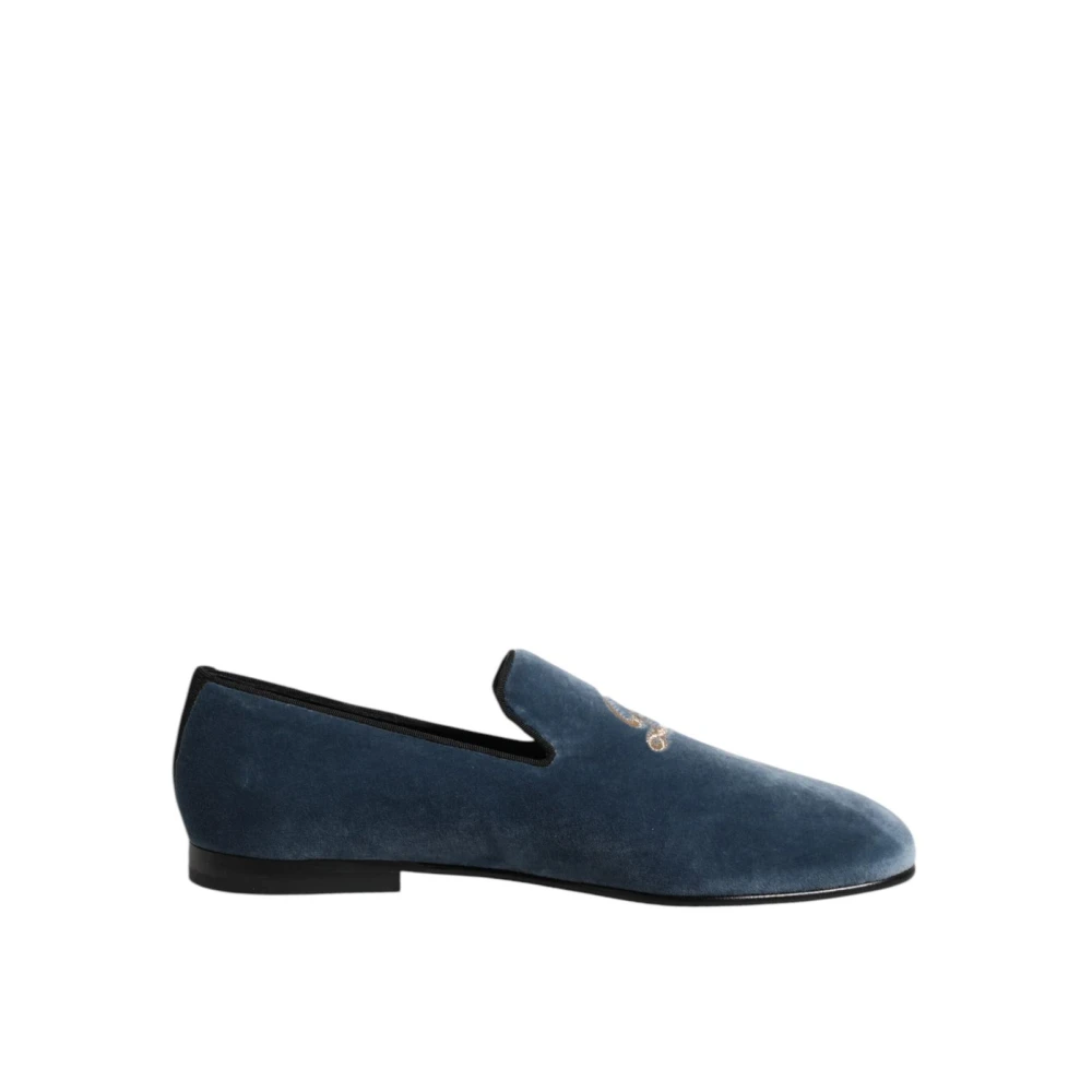 Dolce & Gabbana Men's Blue Luxury Velvet Logo Loafers Leather Sole - Loafers - 9 Uk - Shoes