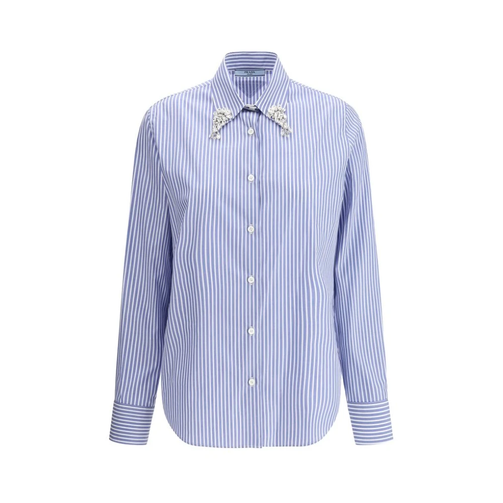 Prada Gestreept katoenen overhemd met juweeldetail Blue Dames