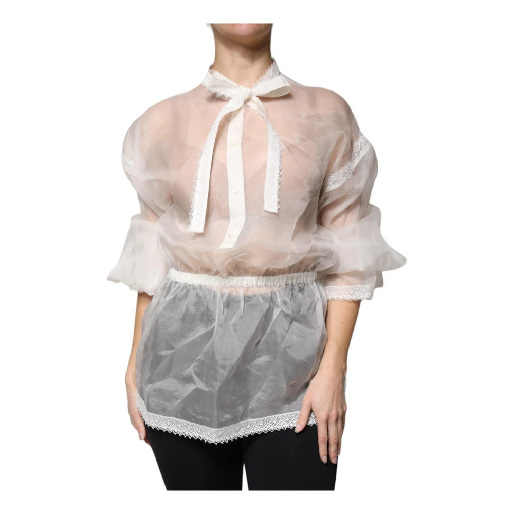 Dolce & Gabbana Women's White Blouses, 2XS, Silk Ascot Collar Blouse