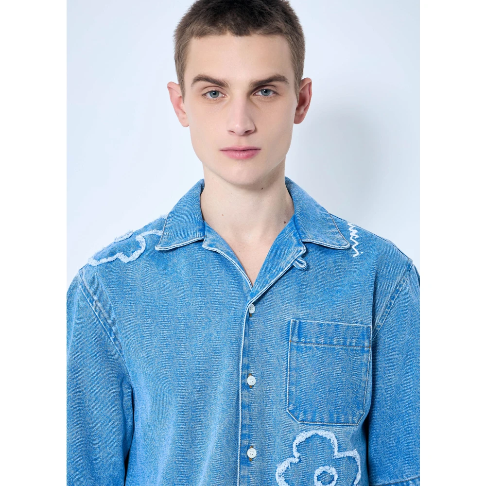 Marni Bloemen Denim Shirt Korte Mouw Italië Blue Heren