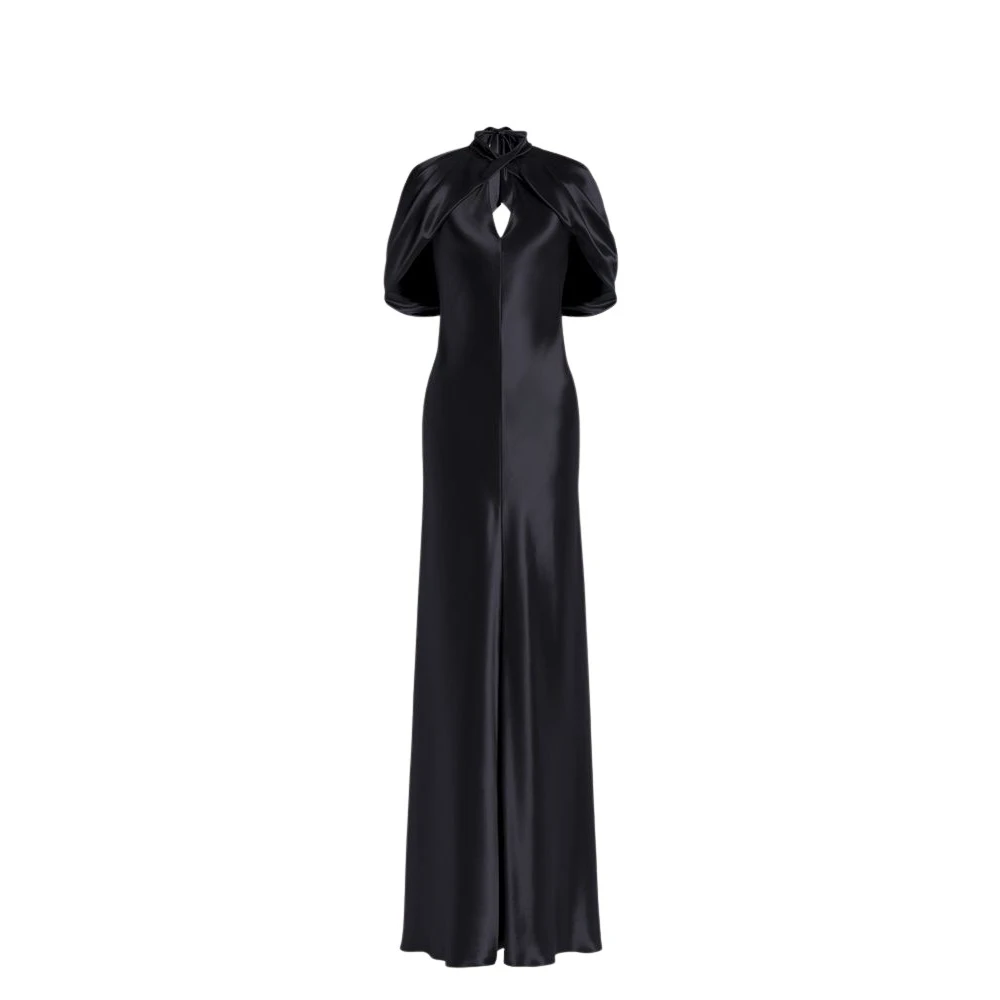 Alberta Ferretti Black Gowns, Female, 2XL, Satin Evening Dress With Cape Sleeves