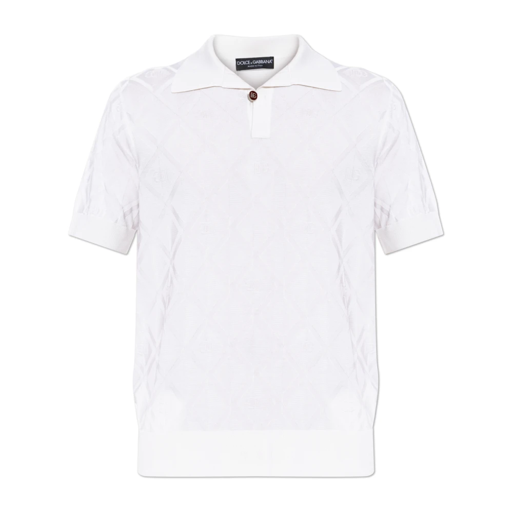 Dolce & Gabbana Mannelijk Wit Tops Heren, M, Zijden Jacquard Poloshirt Met Dg-Logo
