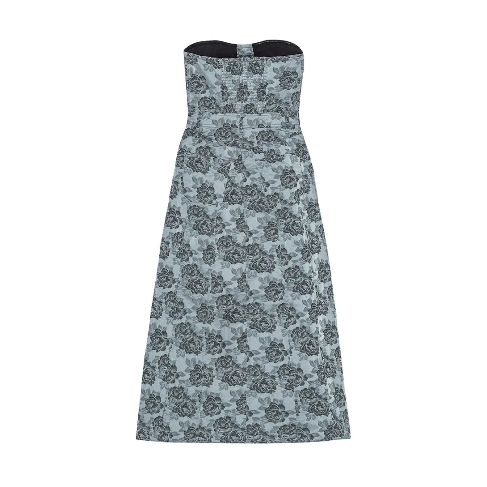 Ganni Blauwe Bloemen Jacquard Strapless Jurk Blue Dames