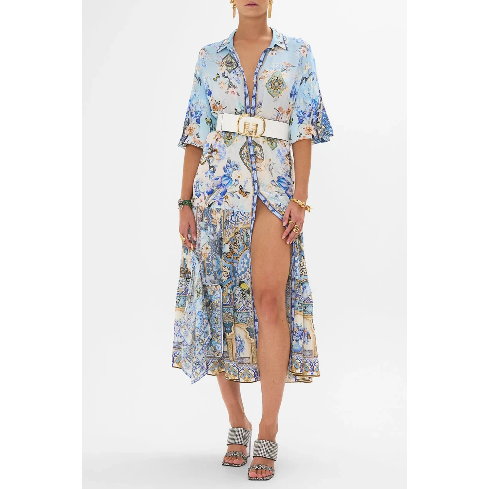 Camilla Gelaagde Lange Shirt Zijden Jurk Blue Dames
