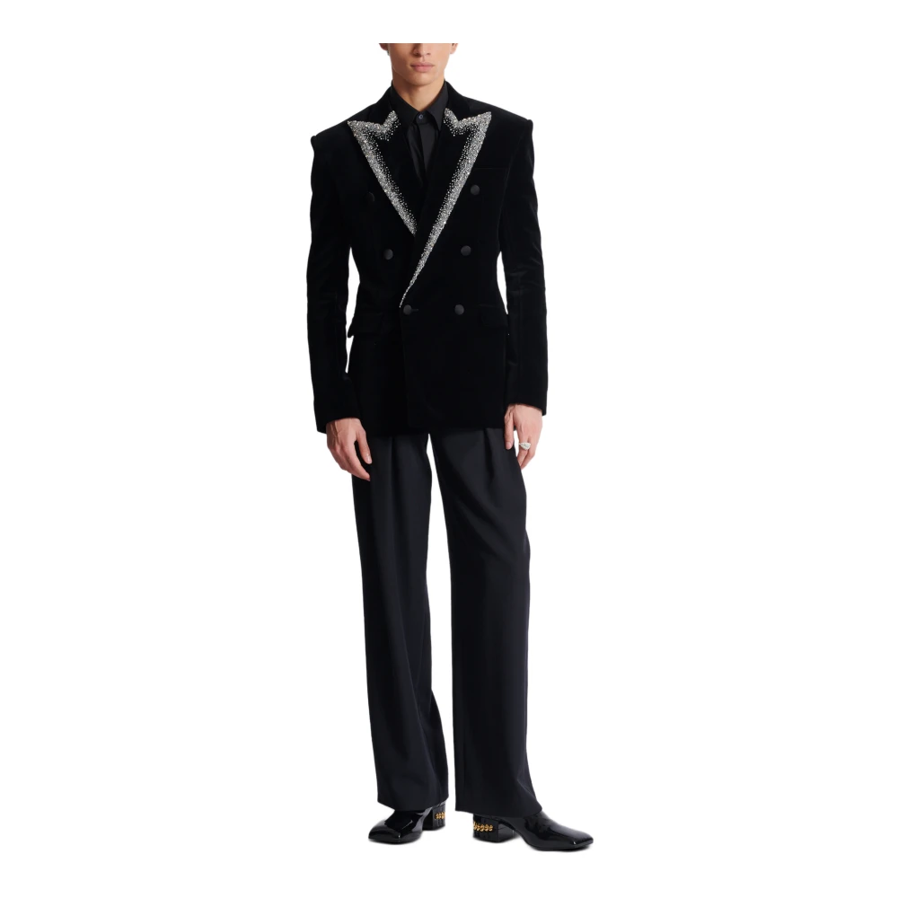 Balmain Fluwelen jas met geborduurde kraag Black Heren