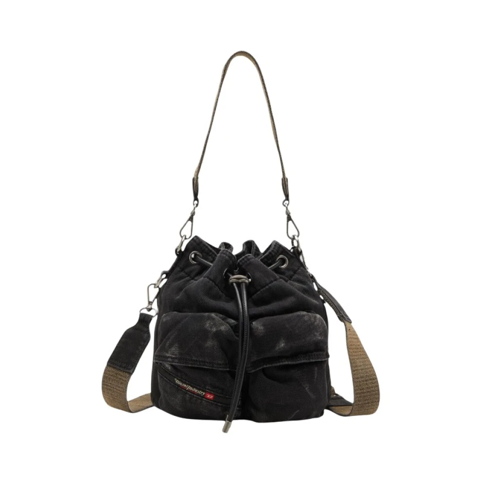 Diesel Men's Black Denim Bucket Bag With Multiple Pockets