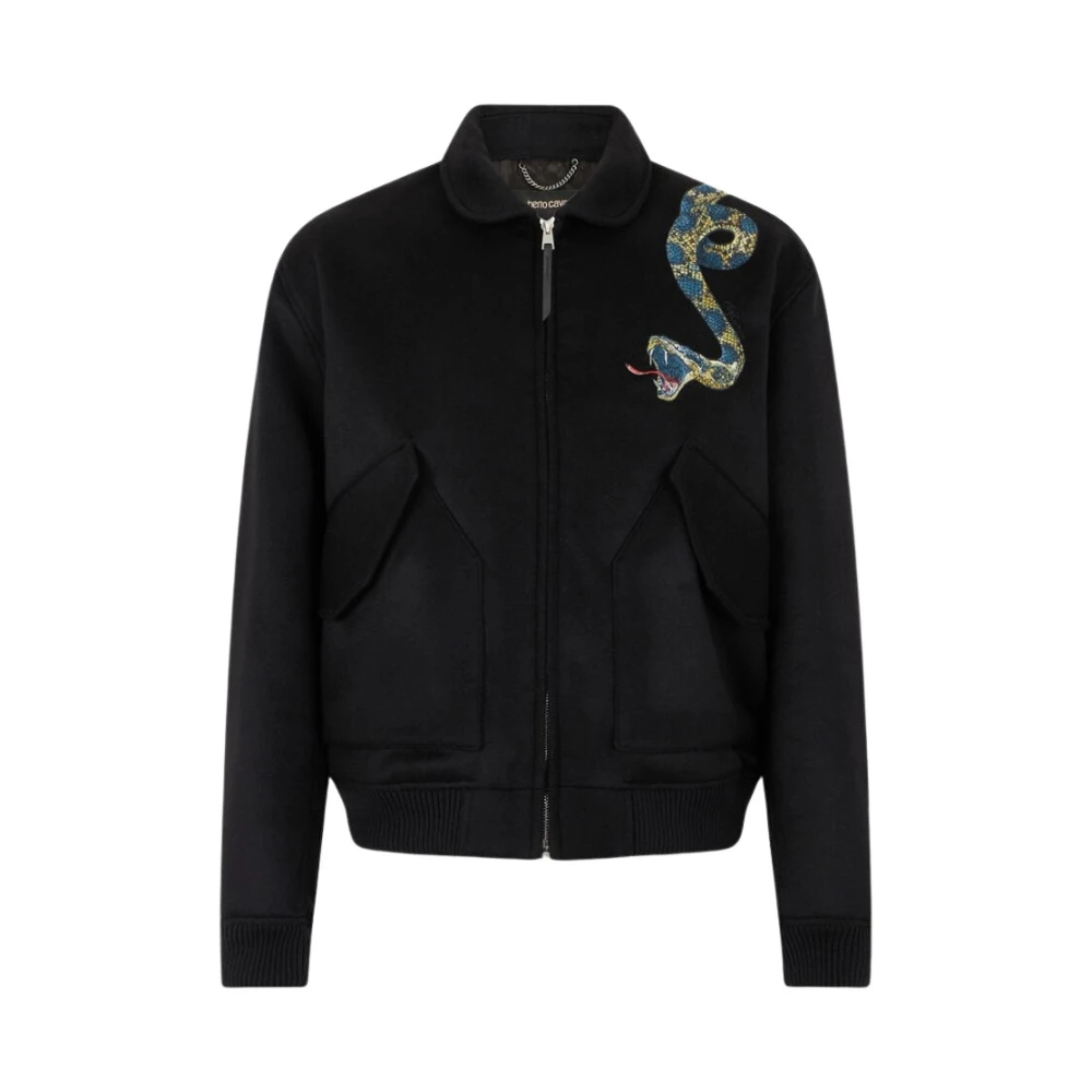 Roberto Cavalli Black Bomber Jacket With Snake Embroidery - Male - Light Jackets - 2XL - Jackets