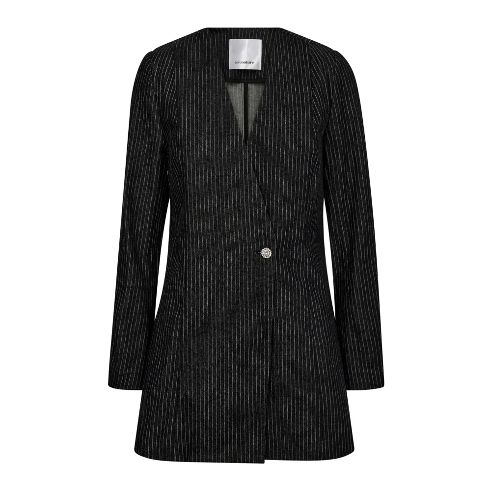 Co'Couture Denim Pin Blazer met Pinstripe Print Black Dames