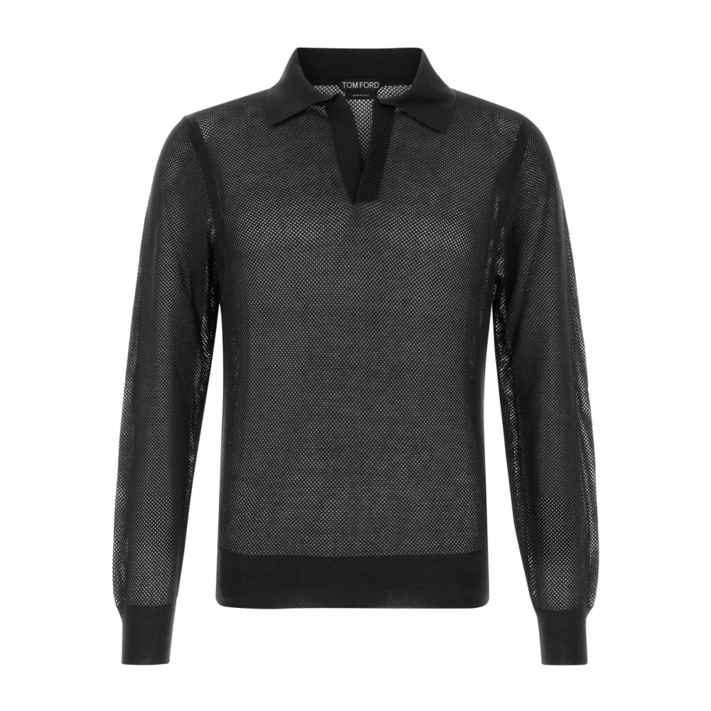 Tom Ford Men's Black Polo Shirts, Xl, 18Gg Cotton Silk Mesh Ls Buttonless Polo